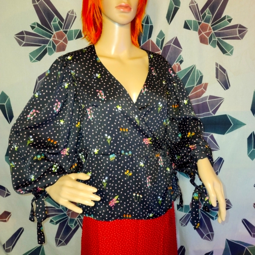 Top Shop Size 10 Silky floral Wrap & Tie Peplum Blouse balloon sleeves
